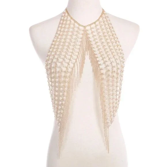 Gold Faux Pearl Chain Tassel Body Jewelry Rave Halter Crop Top - Picture 6 of 10